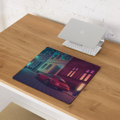 Porsche 928 Inspired Red Teal Vaporwave Gaming Mouse Pad, Classic Grand Touring Sports Car Desk Mat with Neon European Street Artwork