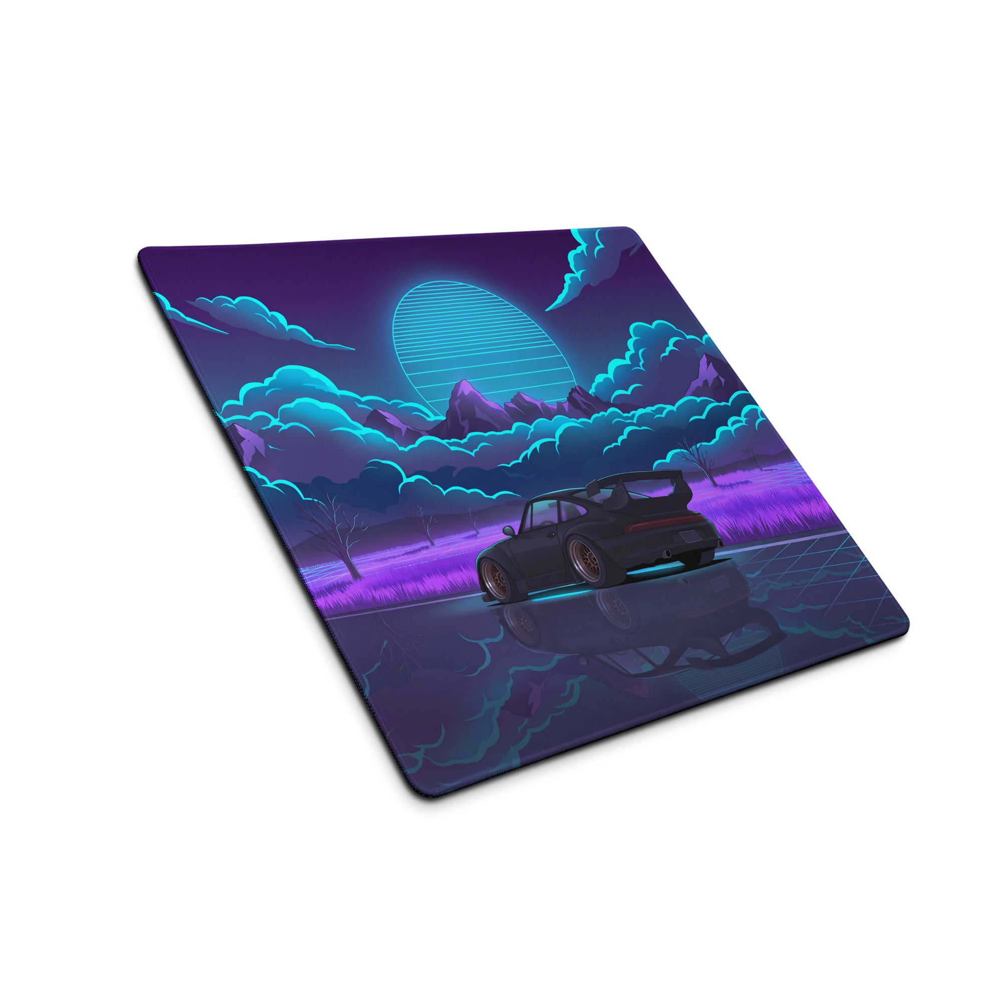 RWB Porsche 911 Turbo Inspired Purple Blue Vaporwave Gaming Mouse Pad, Neon Mountain Road Desk Mat with Retro Futuristic Crystal Artwork
