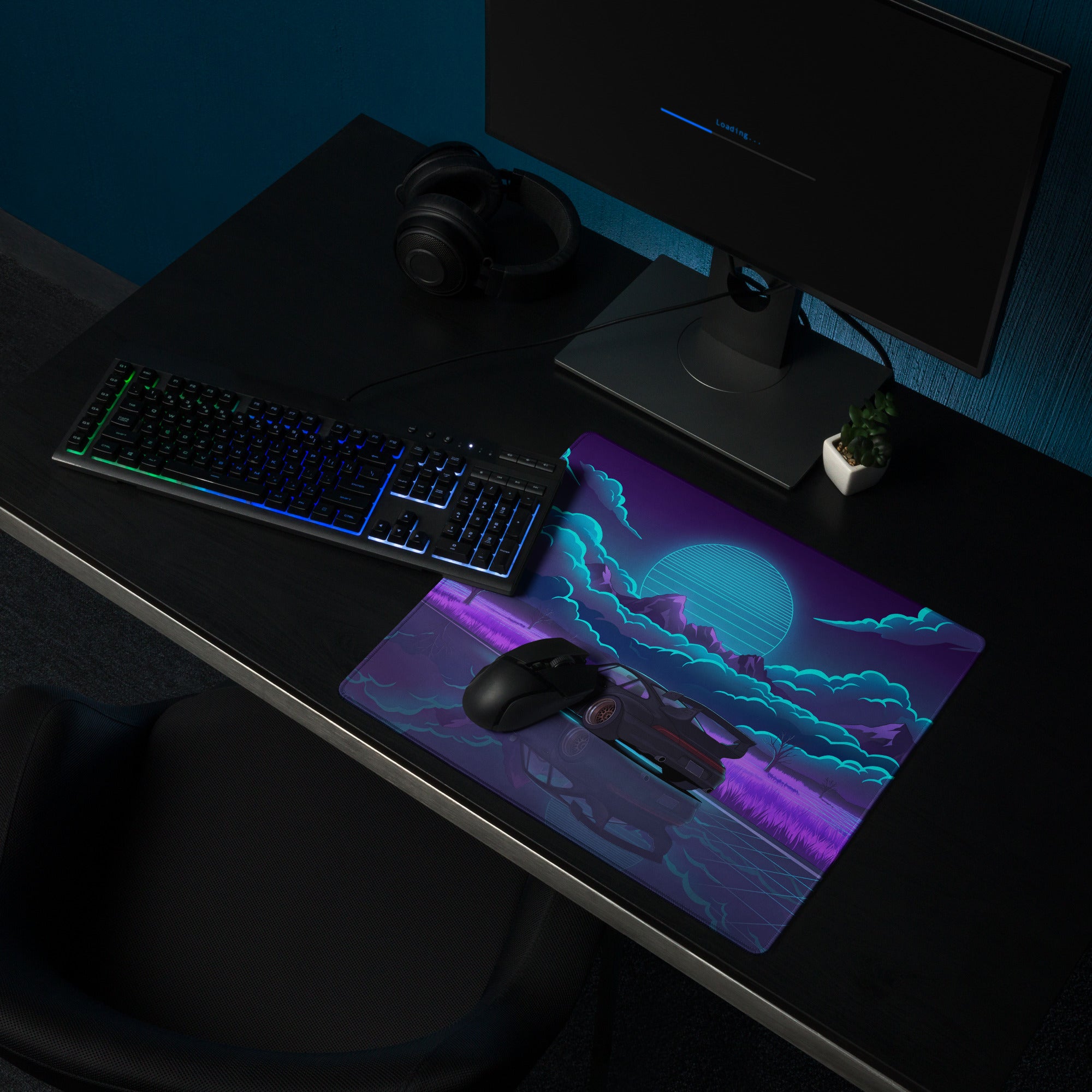 RWB Porsche 911 Turbo Inspired Purple Blue Vaporwave Gaming Mouse Pad, Neon Mountain Road Desk Mat with Retro Futuristic Crystal Artwork