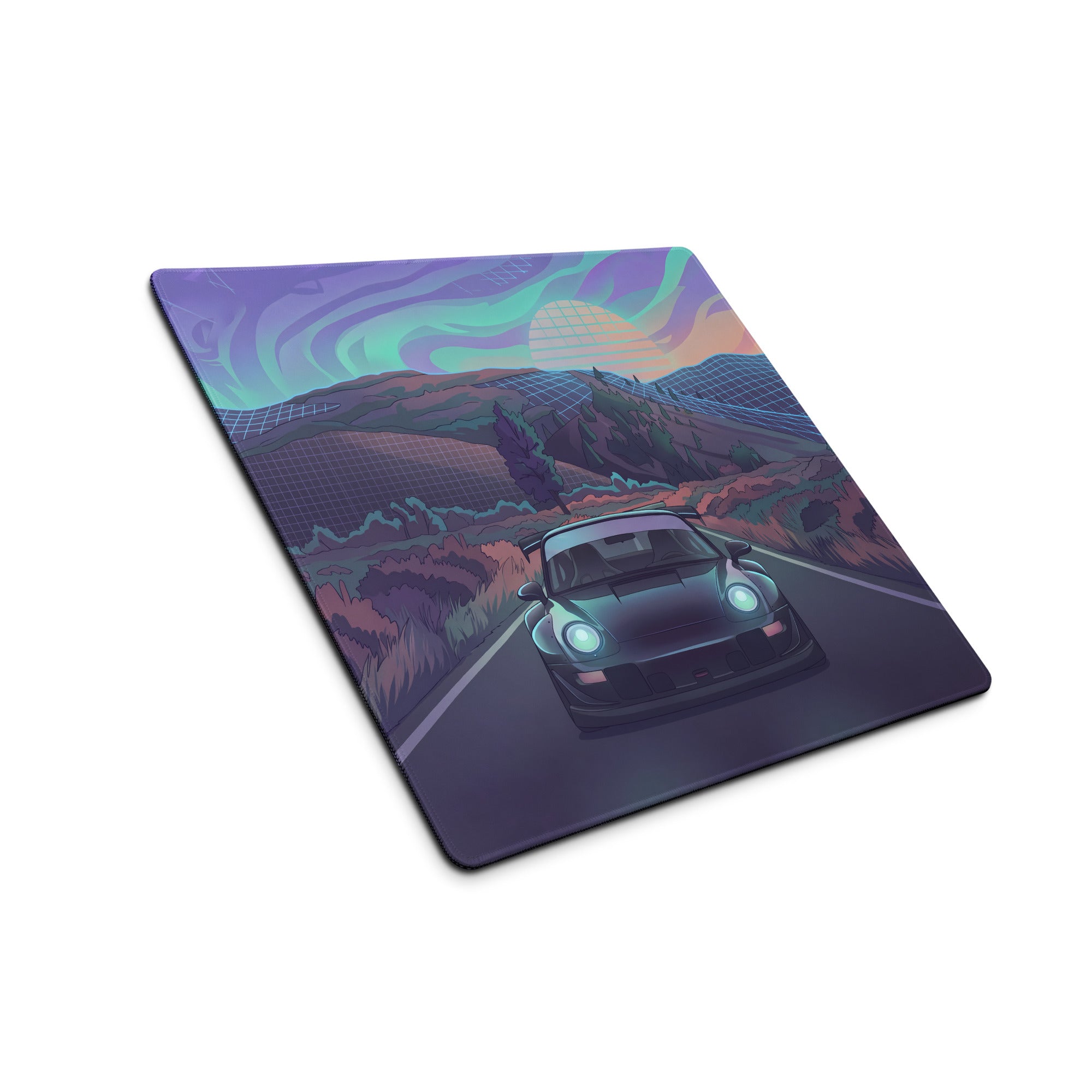 Porsche 911 Inspired Teal Purple Vaporwave Gaming Mouse Pad, Retro Sunset Mountain Road Desk Mat with Futuristic Synthwave Car Artwork