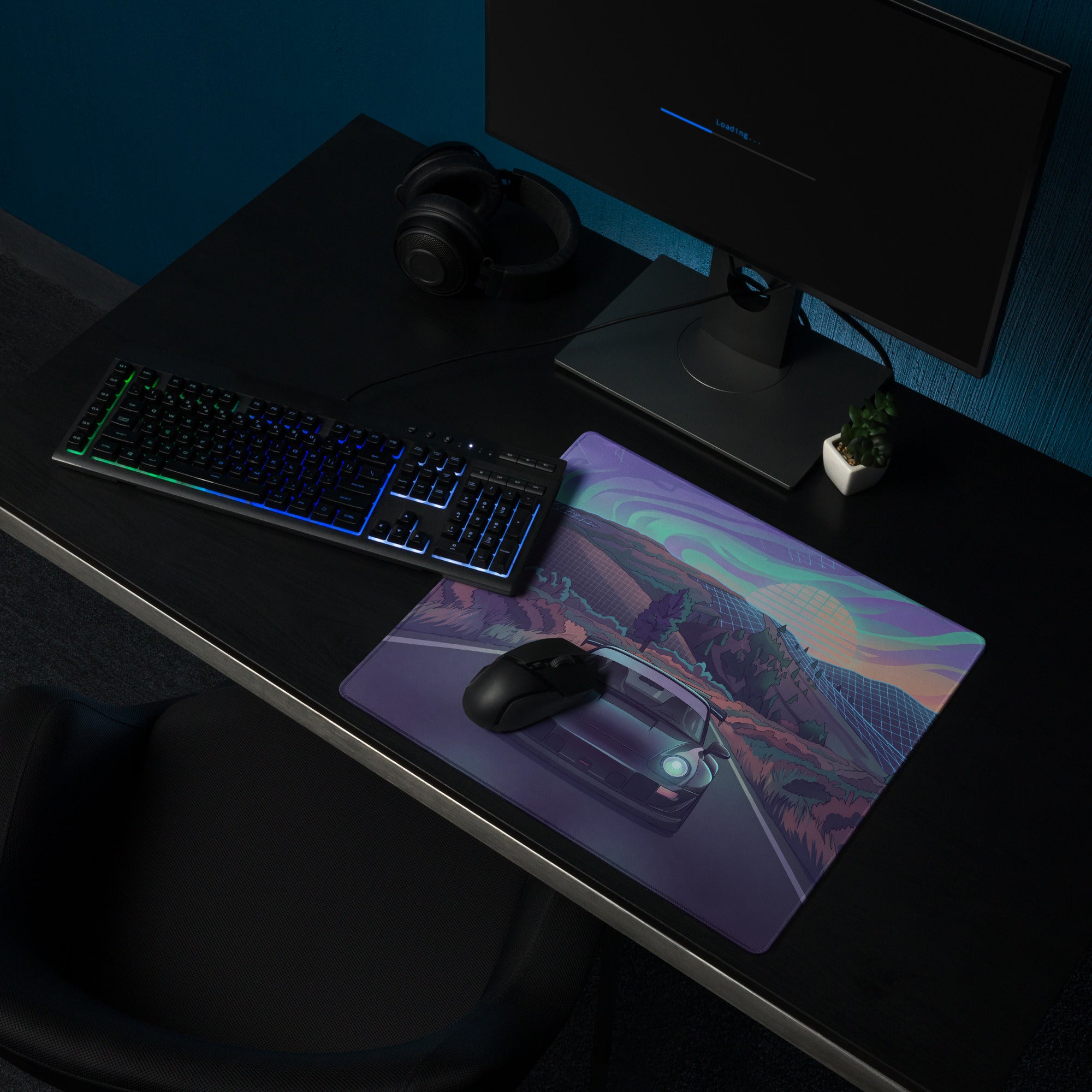 Porsche 911 Inspired Teal Purple Vaporwave Gaming Mouse Pad, Retro Sunset Mountain Road Desk Mat with Futuristic Synthwave Car Artwork