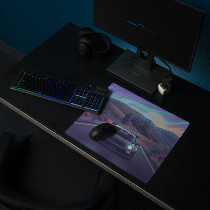 Porsche 911 Inspired Teal Purple Vaporwave Gaming Mouse Pad, Retro Sunset Mountain Road Desk Mat with Futuristic Synthwave Car Artwork