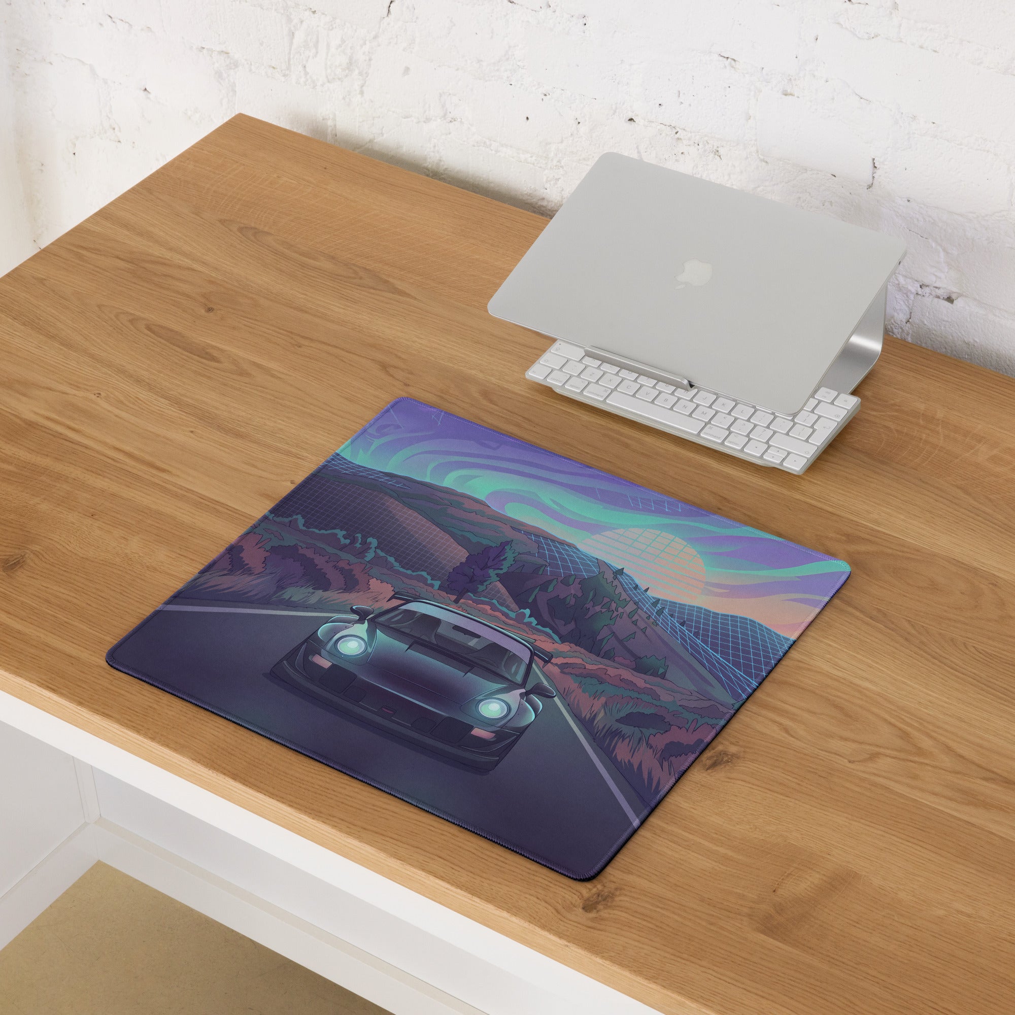 Porsche 911 Inspired Teal Purple Vaporwave Gaming Mouse Pad, Retro Sunset Mountain Road Desk Mat with Futuristic Synthwave Car Artwork