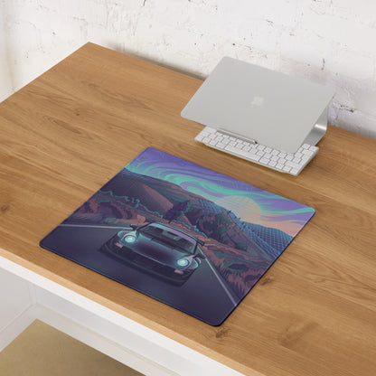 Porsche 911 Inspired Teal Purple Vaporwave Gaming Mouse Pad, Retro Sunset Mountain Road Desk Mat with Futuristic Synthwave Car Artwork