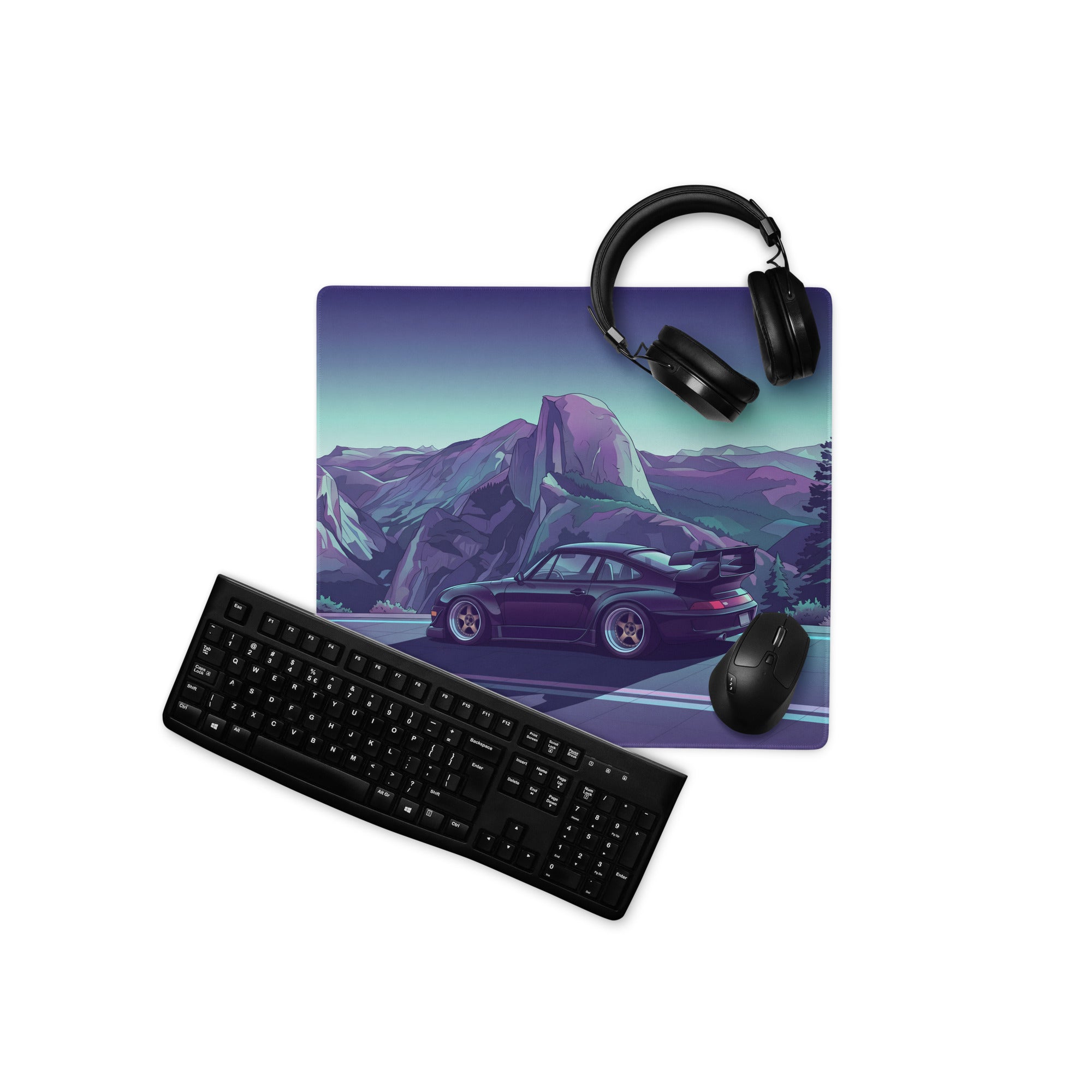 RWB Porsche 911 Inspired Purple Teal Vaporwave Gaming Mouse Pad, Neon Mountain Road Desk Mat with Retro Futuristic Sports Car Artwork