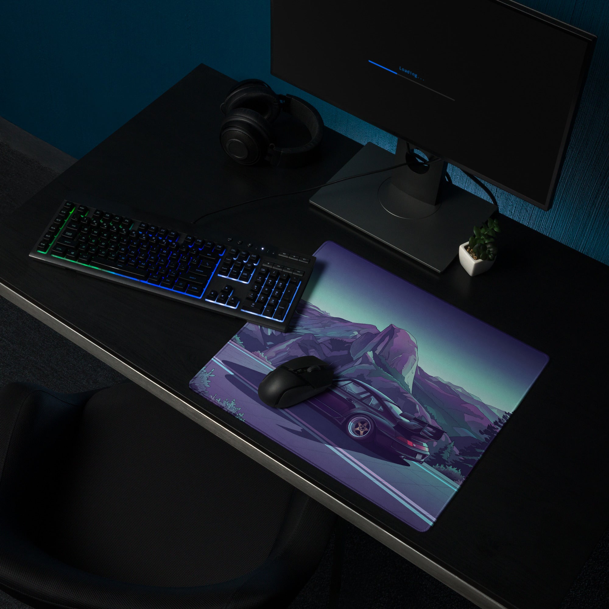 RWB Porsche 911 Inspired Purple Teal Vaporwave Gaming Mouse Pad, Neon Mountain Road Desk Mat with Retro Futuristic Sports Car Artwork