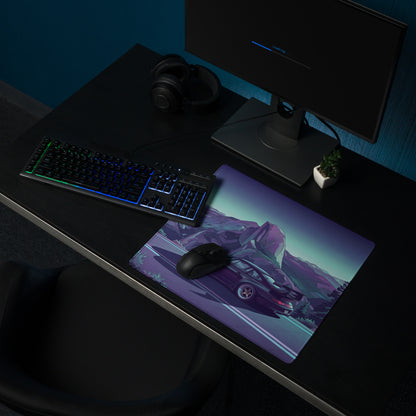 RWB Porsche 911 Inspired Purple Teal Vaporwave Gaming Mouse Pad, Neon Mountain Road Desk Mat with Retro Futuristic Sports Car Artwork