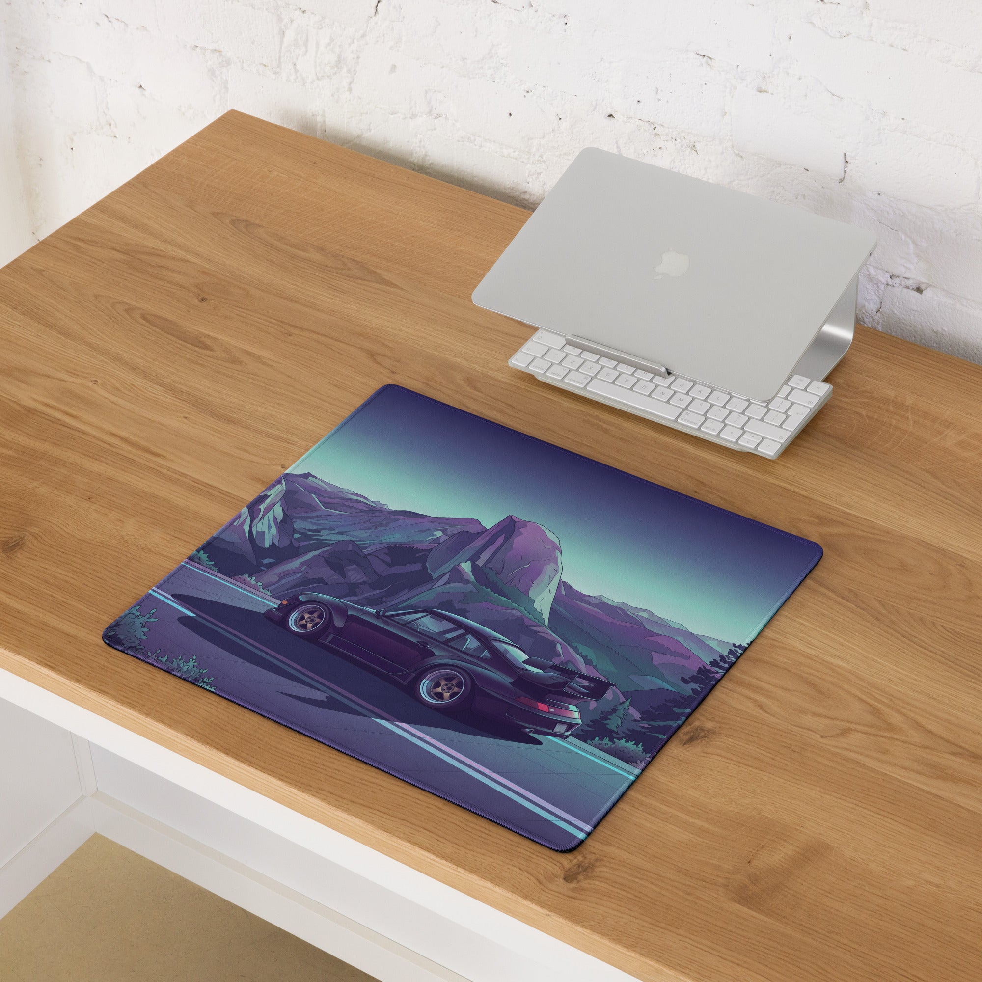 RWB Porsche 911 Inspired Purple Teal Vaporwave Gaming Mouse Pad, Neon Mountain Road Desk Mat with Retro Futuristic Sports Car Artwork