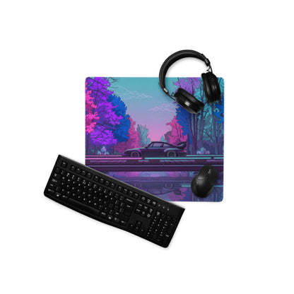RWB Porsche 911 Inspired Pink Blue Vaporwave Gaming Mouse Pad, Neon Forest Road Desk Mat with Retro Futuristic Crystal Car Artwork