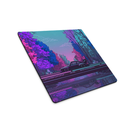 RWB Porsche 911 Inspired Pink Blue Vaporwave Gaming Mouse Pad, Neon Forest Road Desk Mat with Retro Futuristic Crystal Car Artwork