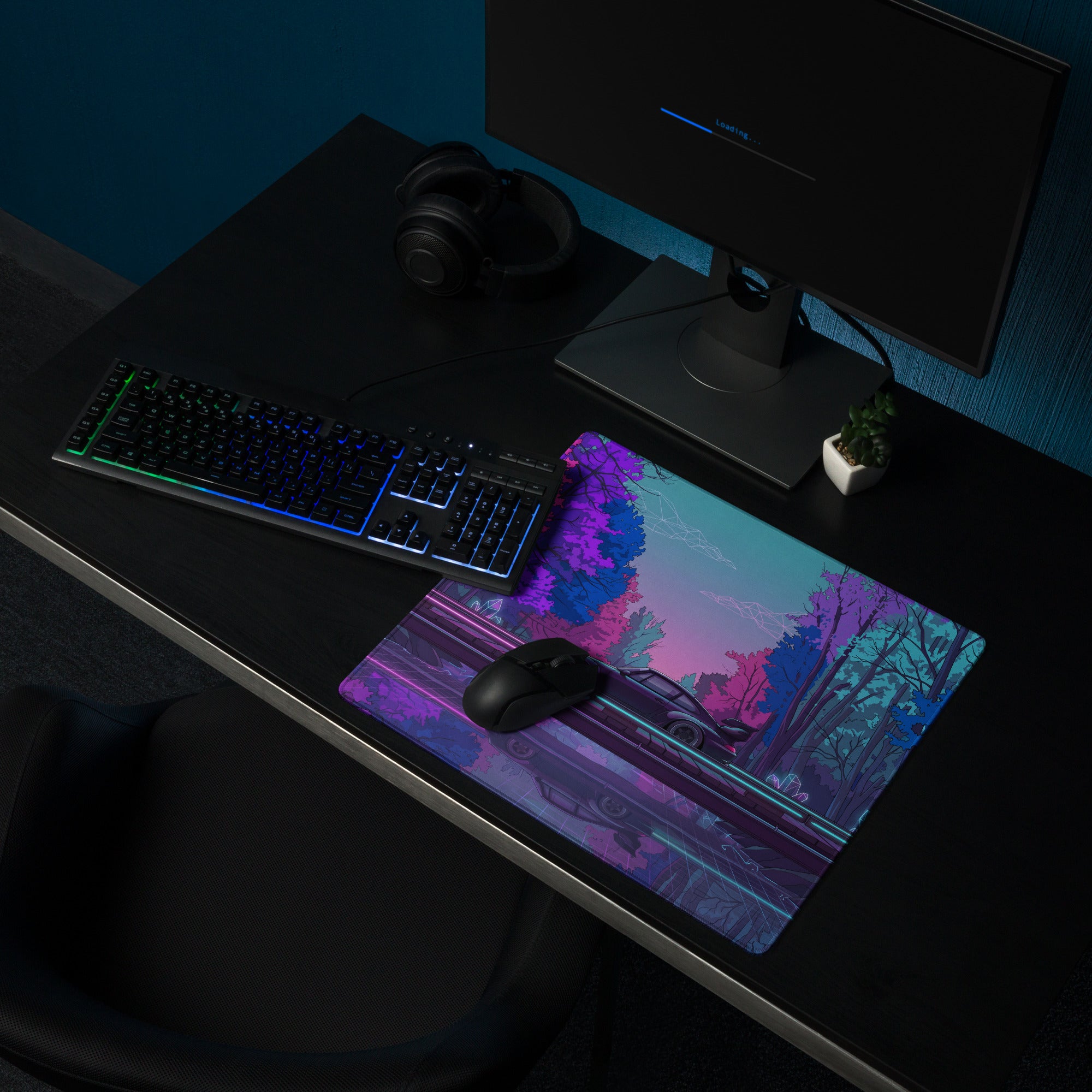 RWB Porsche 911 Inspired Pink Blue Vaporwave Gaming Mouse Pad, Neon Forest Road Desk Mat with Retro Futuristic Crystal Car Artwork