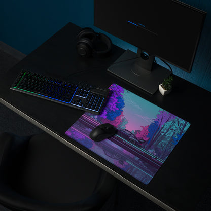 RWB Porsche 911 Inspired Pink Blue Vaporwave Gaming Mouse Pad, Neon Forest Road Desk Mat with Retro Futuristic Crystal Car Artwork