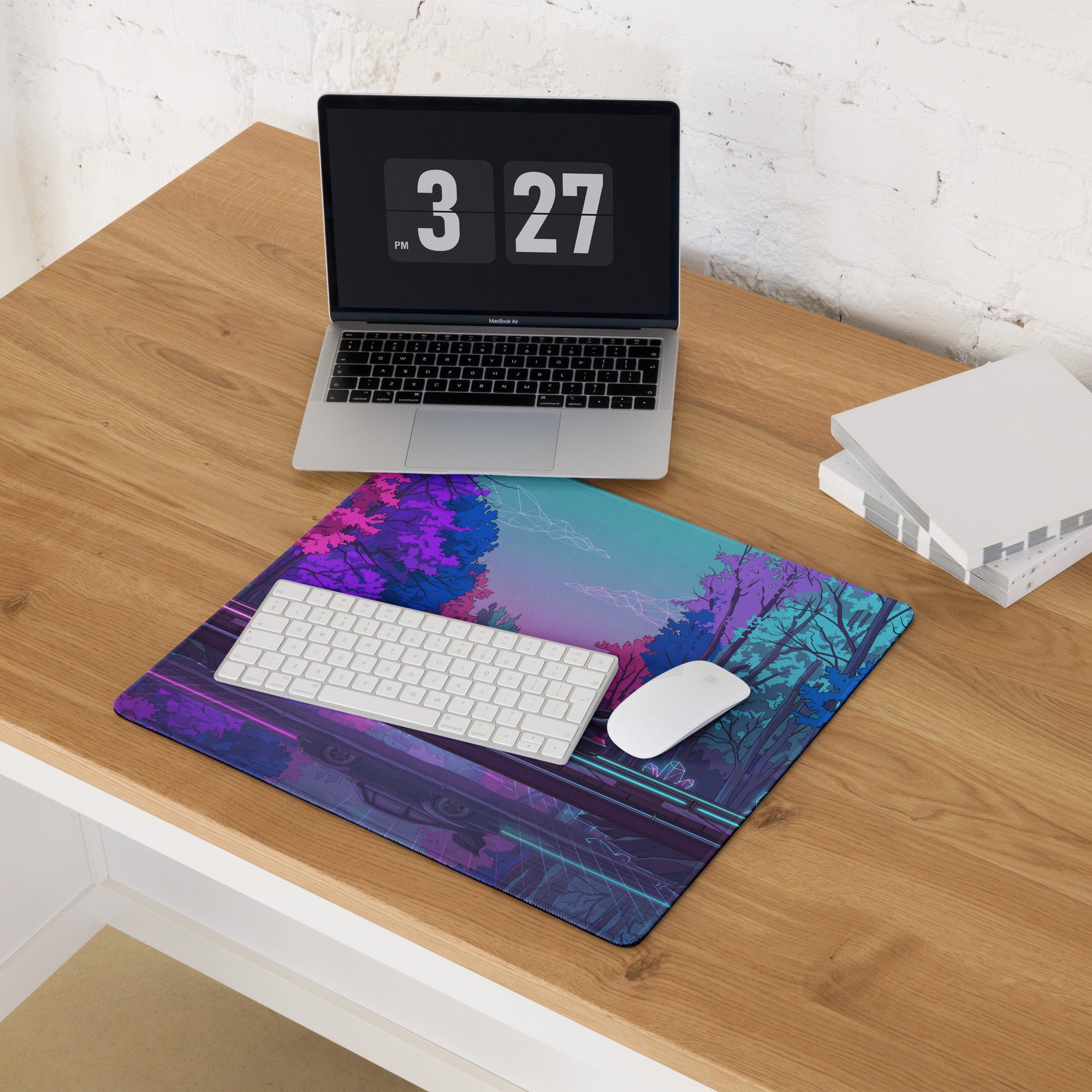 RWB Porsche 911 Inspired Pink Blue Vaporwave Gaming Mouse Pad, Neon Forest Road Desk Mat with Retro Futuristic Crystal Car Artwork