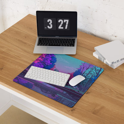 RWB Porsche 911 Inspired Pink Blue Vaporwave Gaming Mouse Pad, Neon Forest Road Desk Mat with Retro Futuristic Crystal Car Artwork