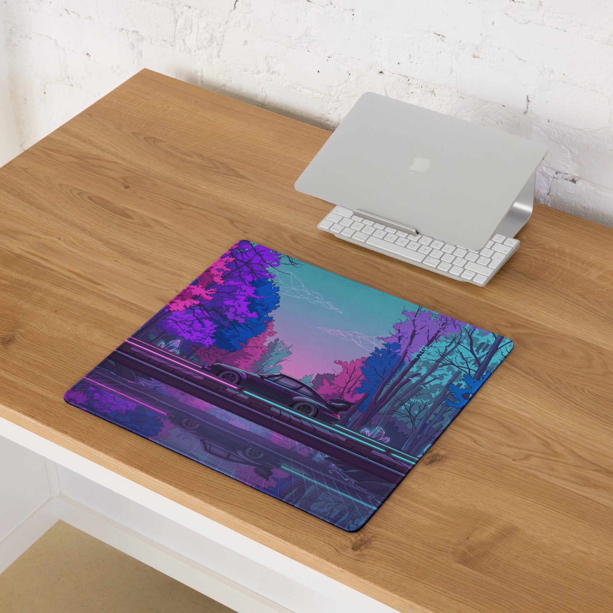 RWB Porsche 911 Inspired Pink Blue Vaporwave Gaming Mouse Pad, Neon Forest Road Desk Mat with Retro Futuristic Crystal Car Artwork