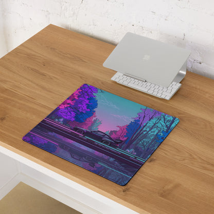 RWB Porsche 911 Inspired Pink Blue Vaporwave Gaming Mouse Pad, Neon Forest Road Desk Mat with Retro Futuristic Crystal Car Artwork