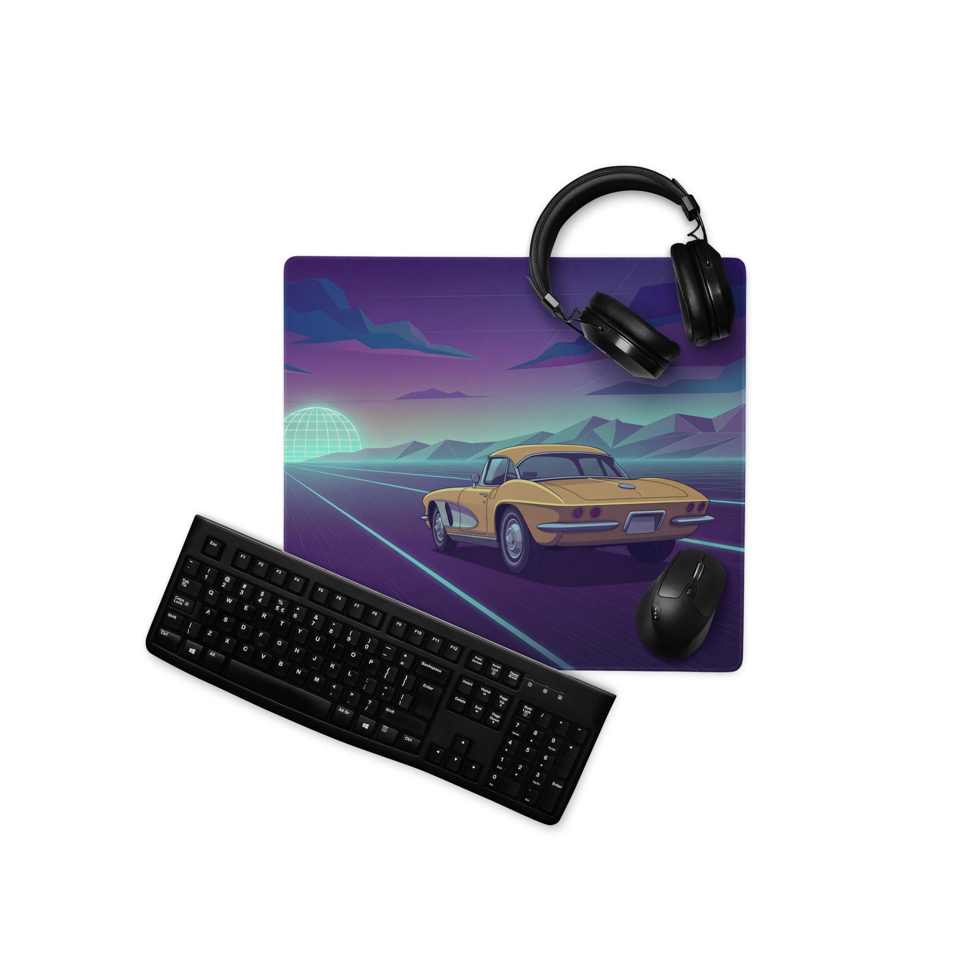 Chevrolet Corvette C2 Sting Ray Inspired Gold Purple Vaporwave Gaming Mouse Pad, Neon Highway Desk Mat with Retro Futuristic Classic Car Artwork