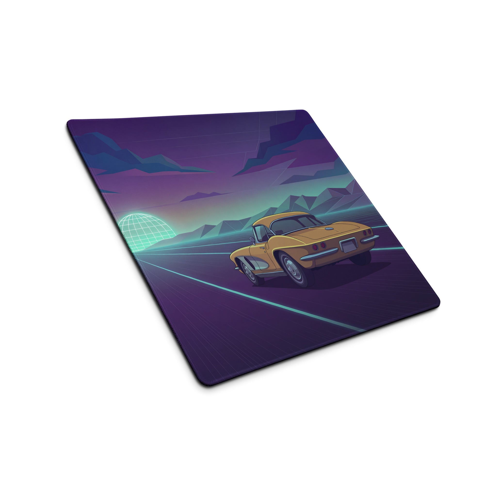 Chevrolet Corvette C2 Sting Ray Inspired Gold Purple Vaporwave Gaming Mouse Pad, Neon Highway Desk Mat with Retro Futuristic Classic Car Artwork