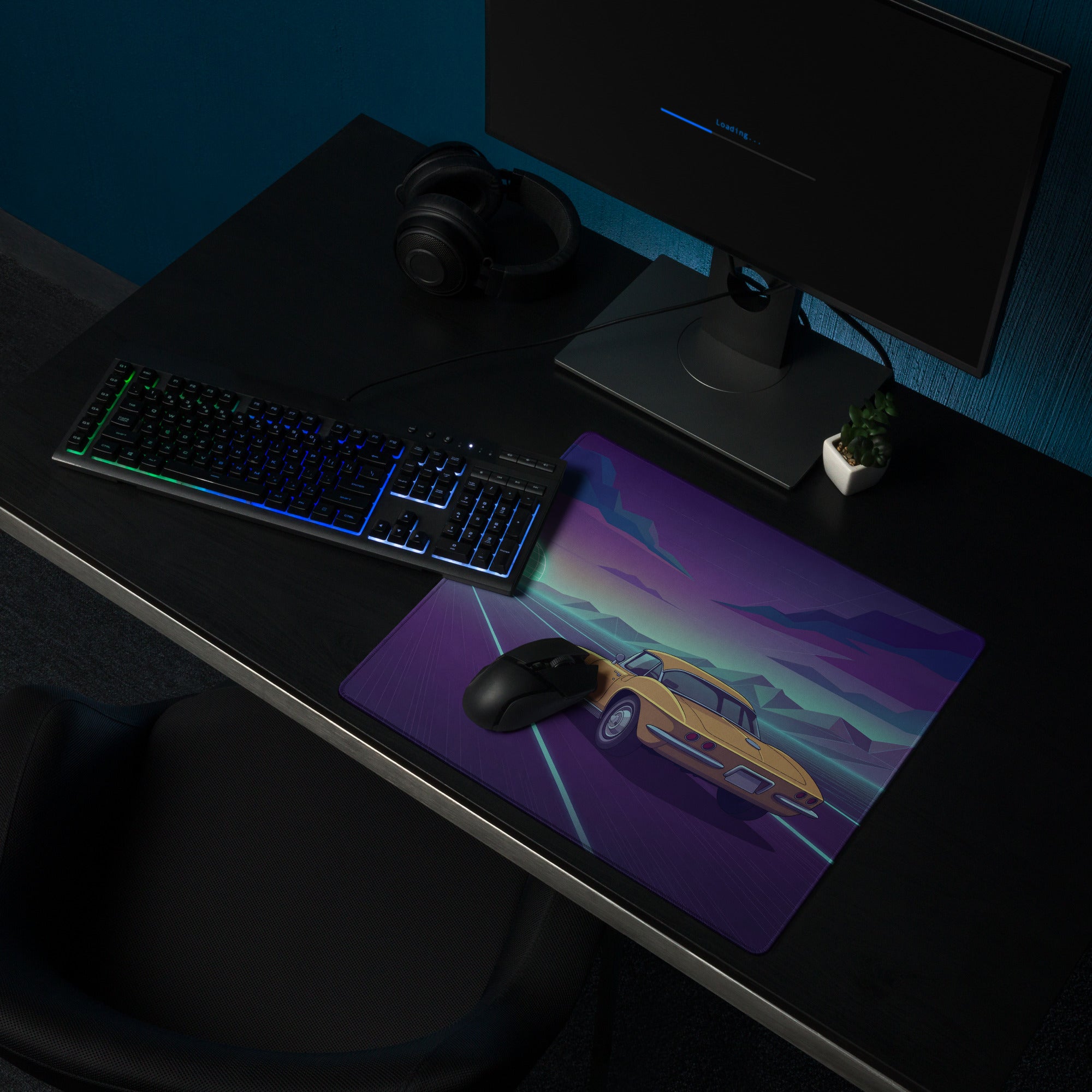 Chevrolet Corvette C2 Sting Ray Inspired Gold Purple Vaporwave Gaming Mouse Pad, Neon Highway Desk Mat with Retro Futuristic Classic Car Artwork