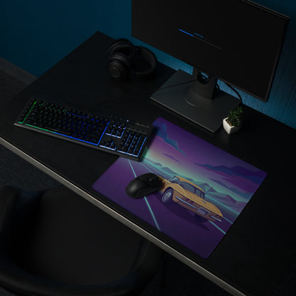 Chevrolet Corvette C2 Sting Ray Inspired Gold Purple Vaporwave Gaming Mouse Pad, Neon Highway Desk Mat with Retro Futuristic Classic Car Artwork