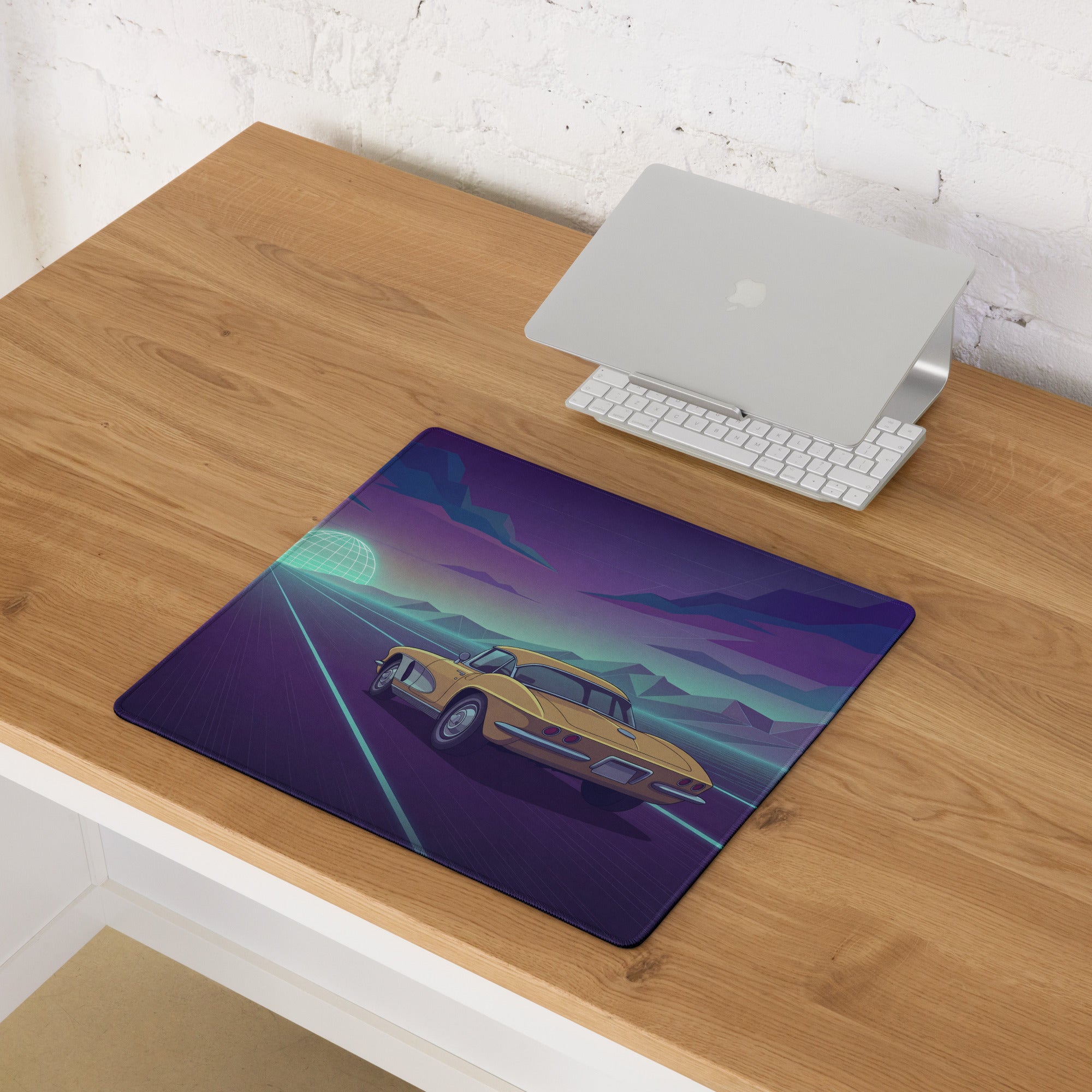 Chevrolet Corvette C2 Sting Ray Inspired Gold Purple Vaporwave Gaming Mouse Pad, Neon Highway Desk Mat with Retro Futuristic Classic Car Artwork