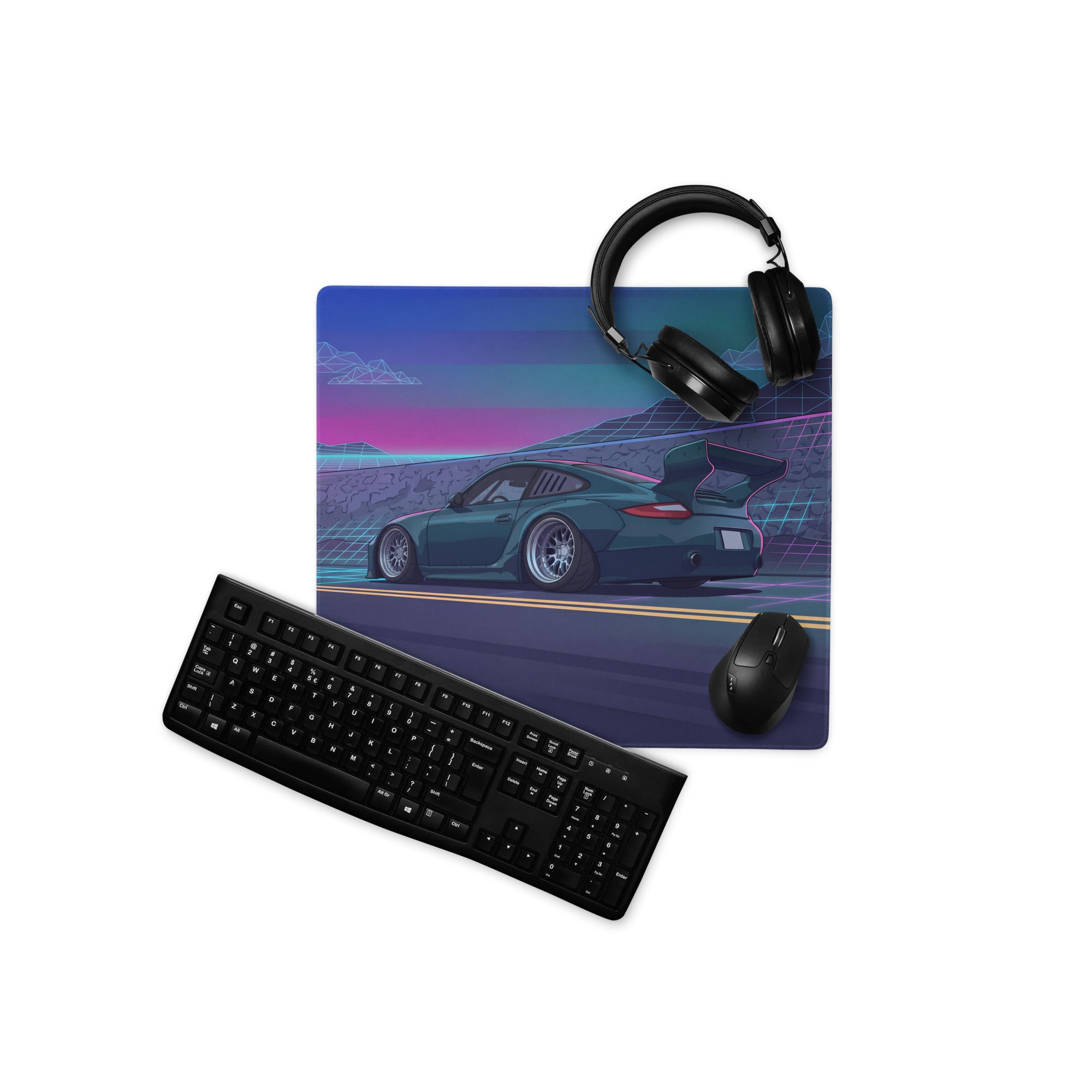 Porsche 911 997 Inspired Teal Purple Vaporwave Gaming Mouse Pad, Neon Mountain Road Desk Mat with Retro Futuristic Race Car Artwork