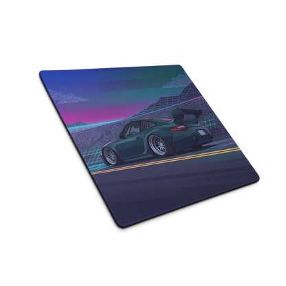 Porsche 911 997 Inspired Teal Purple Vaporwave Gaming Mouse Pad, Neon Mountain Road Desk Mat with Retro Futuristic Race Car Artwork