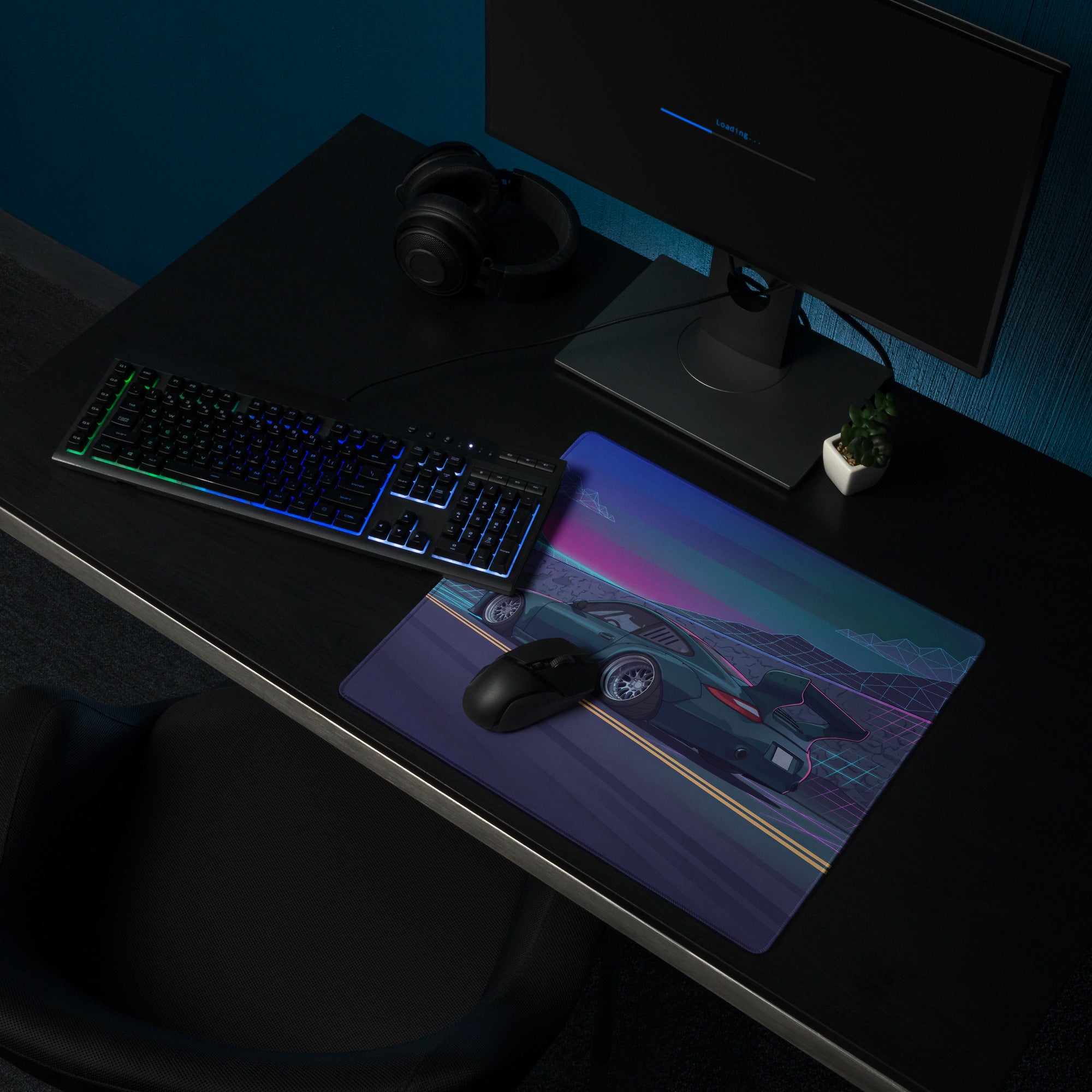 Porsche 911 997 Inspired Teal Purple Vaporwave Gaming Mouse Pad, Neon Mountain Road Desk Mat with Retro Futuristic Race Car Artwork
