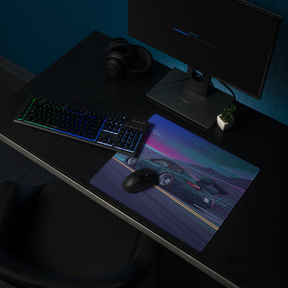 Porsche 911 997 Inspired Teal Purple Vaporwave Gaming Mouse Pad, Neon Mountain Road Desk Mat with Retro Futuristic Race Car Artwork