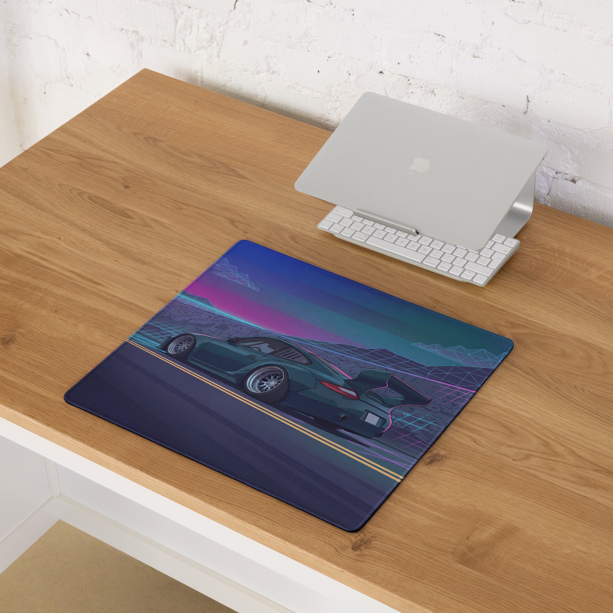 Porsche 911 997 Inspired Teal Purple Vaporwave Gaming Mouse Pad, Neon Mountain Road Desk Mat with Retro Futuristic Race Car Artwork