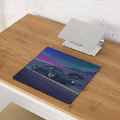 Porsche 911 997 Inspired Teal Purple Vaporwave Gaming Mouse Pad, Neon Mountain Road Desk Mat with Retro Futuristic Race Car Artwork