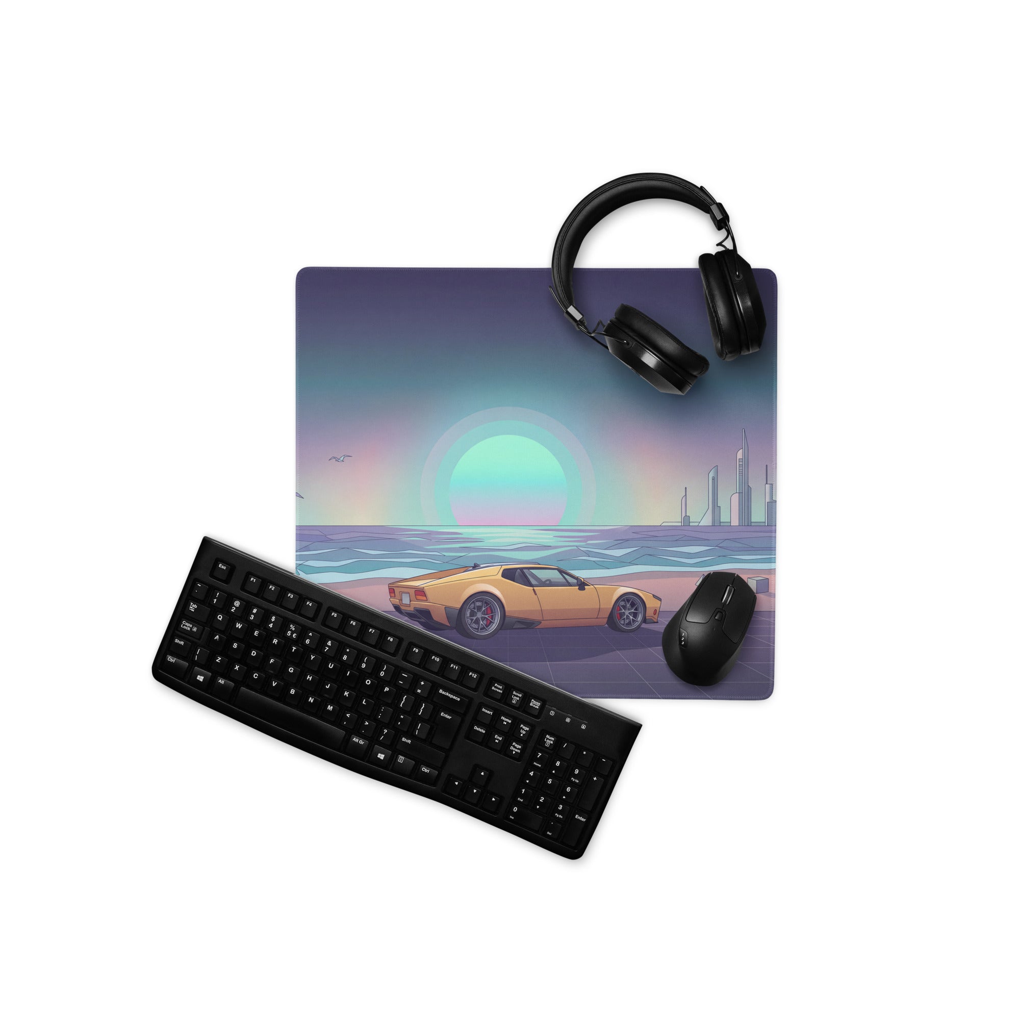 De Tomaso Pantera Inspired Orange Teal Vaporwave Gaming Mouse Pad, Retro Coastal Sunset Desk Mat with Futuristic Classic Supercar Artwork