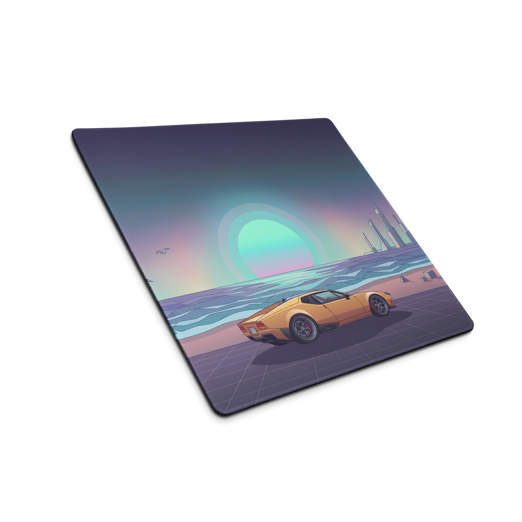 De Tomaso Pantera Inspired Orange Teal Vaporwave Gaming Mouse Pad, Retro Coastal Sunset Desk Mat with Futuristic Classic Supercar Artwork