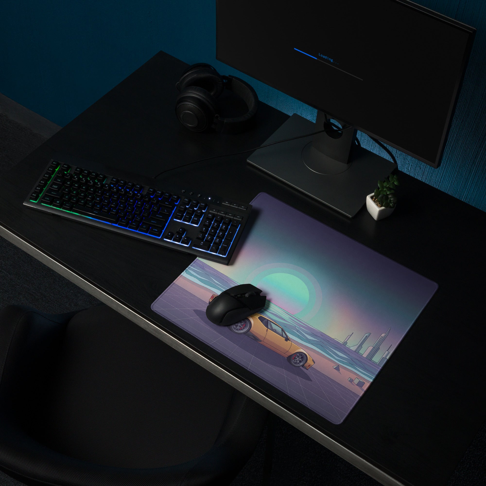 De Tomaso Pantera Inspired Orange Teal Vaporwave Gaming Mouse Pad, Retro Coastal Sunset Desk Mat with Futuristic Classic Supercar Artwork