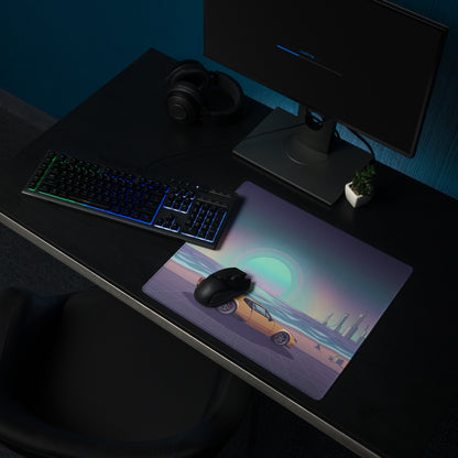 De Tomaso Pantera Inspired Orange Teal Vaporwave Gaming Mouse Pad, Retro Coastal Sunset Desk Mat with Futuristic Classic Supercar Artwork