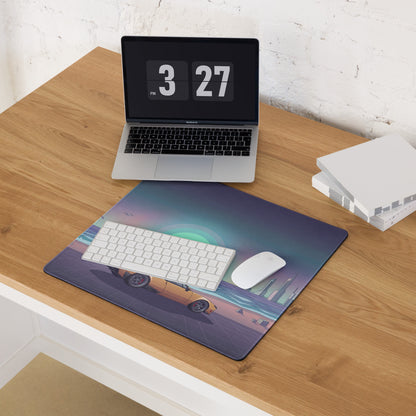 De Tomaso Pantera Inspired Orange Teal Vaporwave Gaming Mouse Pad, Retro Coastal Sunset Desk Mat with Futuristic Classic Supercar Artwork