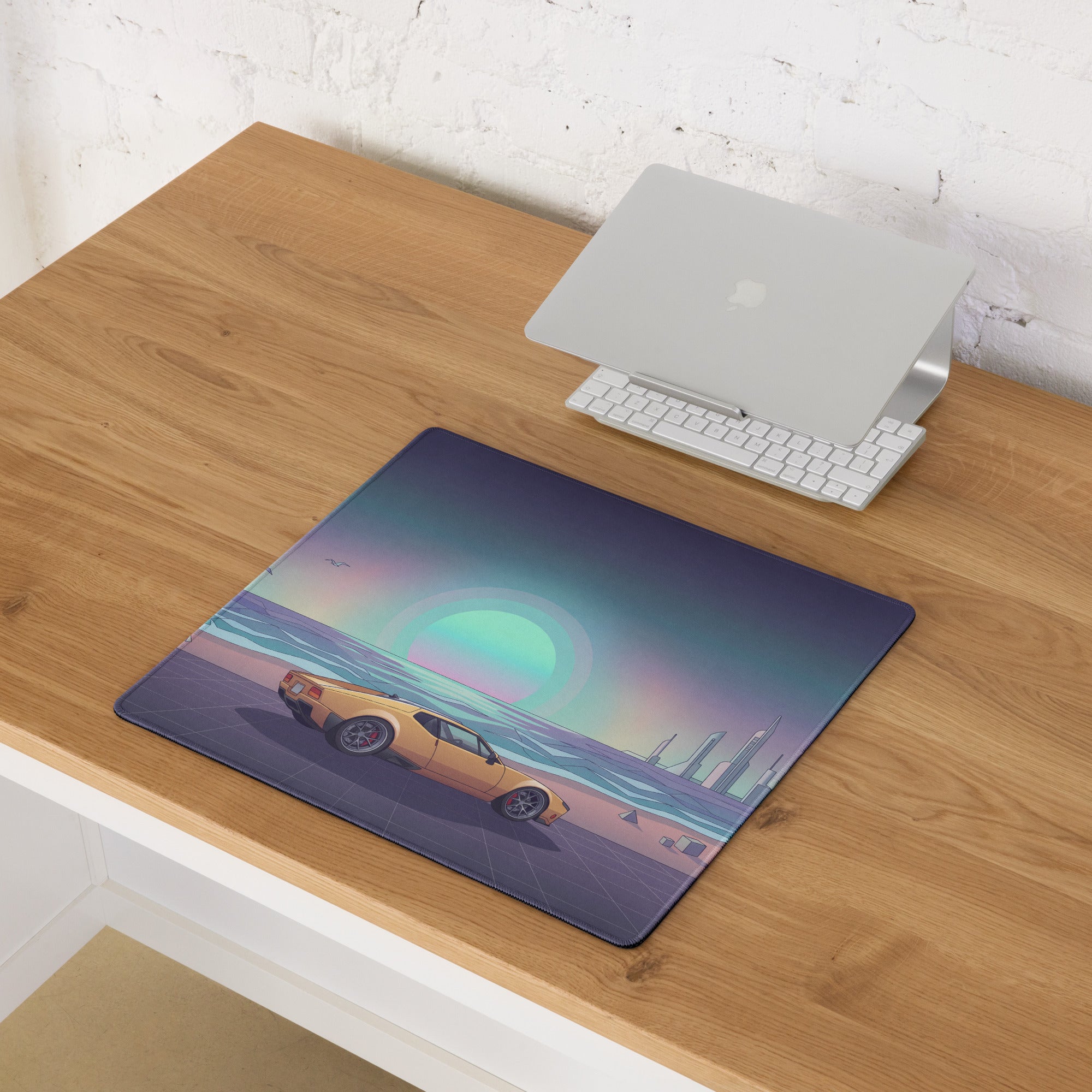 De Tomaso Pantera Inspired Orange Teal Vaporwave Gaming Mouse Pad, Retro Coastal Sunset Desk Mat with Futuristic Classic Supercar Artwork