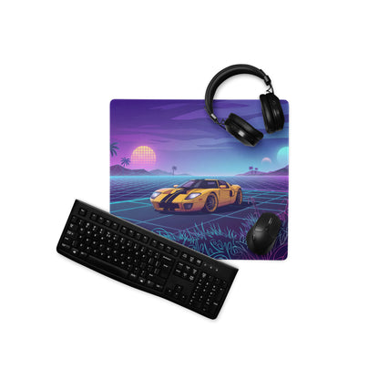 Ford GT Inspired Yellow Black Vaporwave Gaming Mouse Pad, Neon Grid Sunset Desk Mat with Retro Futuristic Supercar Artwork