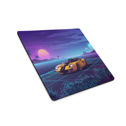 Ford GT Inspired Yellow Black Vaporwave Gaming Mouse Pad, Neon Grid Sunset Desk Mat with Retro Futuristic Supercar Artwork