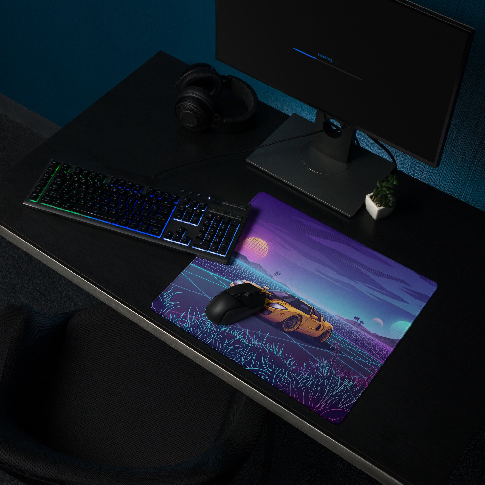 Ford GT Inspired Yellow Black Vaporwave Gaming Mouse Pad, Neon Grid Sunset Desk Mat with Retro Futuristic Supercar Artwork