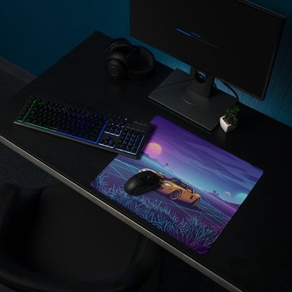 Ford GT Inspired Yellow Black Vaporwave Gaming Mouse Pad, Neon Grid Sunset Desk Mat with Retro Futuristic Supercar Artwork