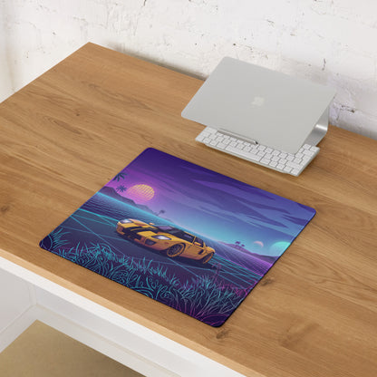 Ford GT Inspired Yellow Black Vaporwave Gaming Mouse Pad, Neon Grid Sunset Desk Mat with Retro Futuristic Supercar Artwork