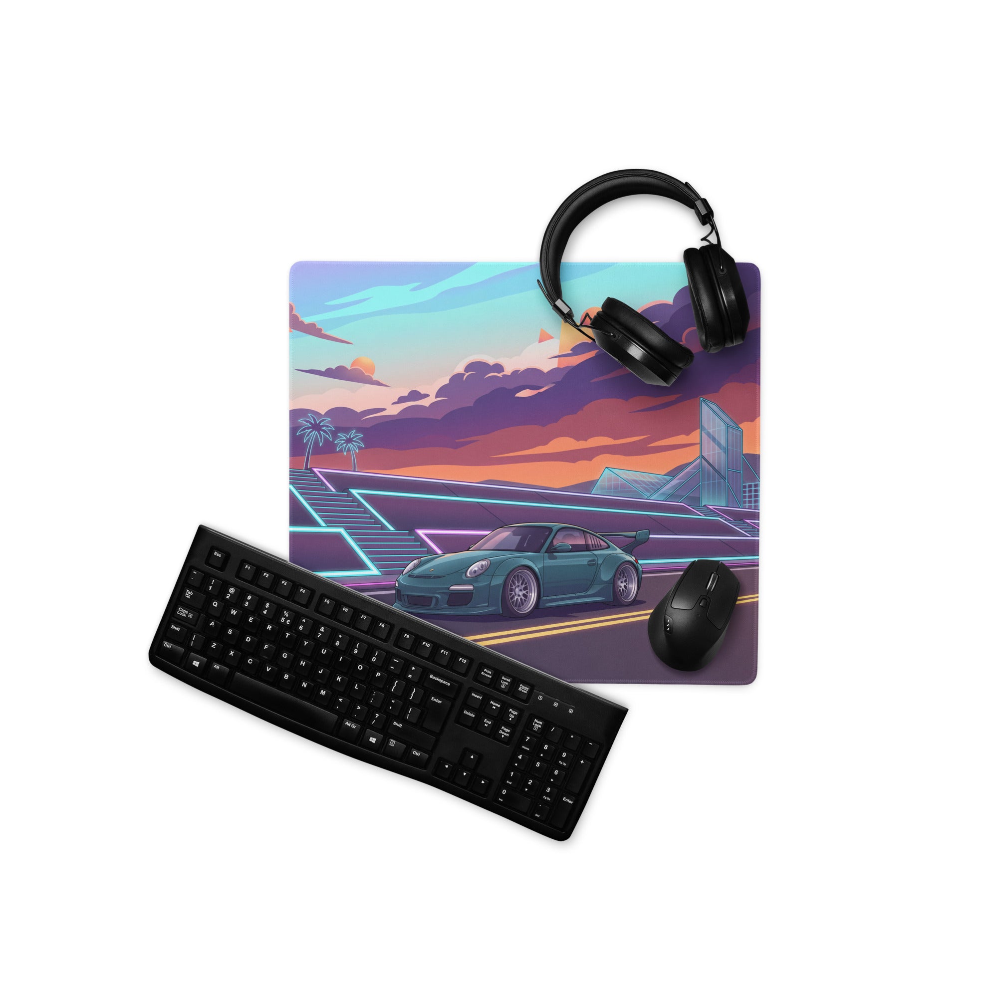 RWB Porsche 911 Inspired Teal Orange Vaporwave Gaming Mouse Pad, Neon Sunset Highway Desk Mat with Retro Futuristic Sports Car Artwork