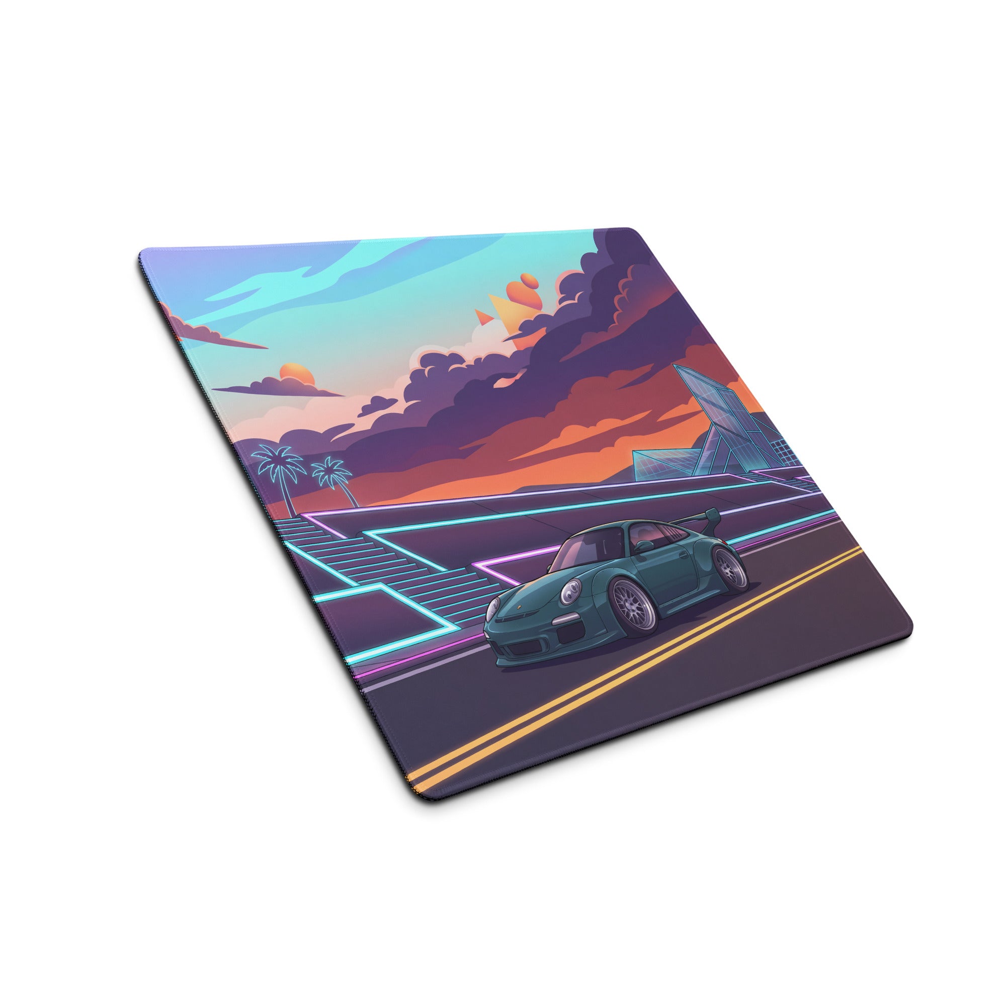 RWB Porsche 911 Inspired Teal Orange Vaporwave Gaming Mouse Pad, Neon Sunset Highway Desk Mat with Retro Futuristic Sports Car Artwork