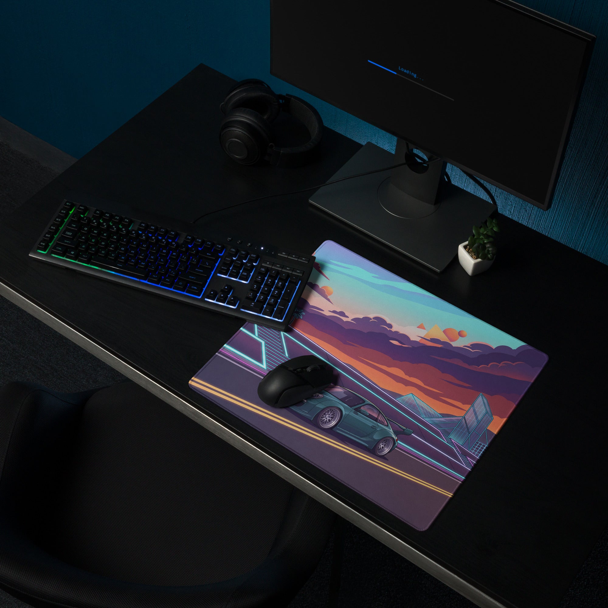 RWB Porsche 911 Inspired Teal Orange Vaporwave Gaming Mouse Pad, Neon Sunset Highway Desk Mat with Retro Futuristic Sports Car Artwork