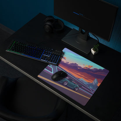 RWB Porsche 911 Inspired Teal Orange Vaporwave Gaming Mouse Pad, Neon Sunset Highway Desk Mat with Retro Futuristic Sports Car Artwork