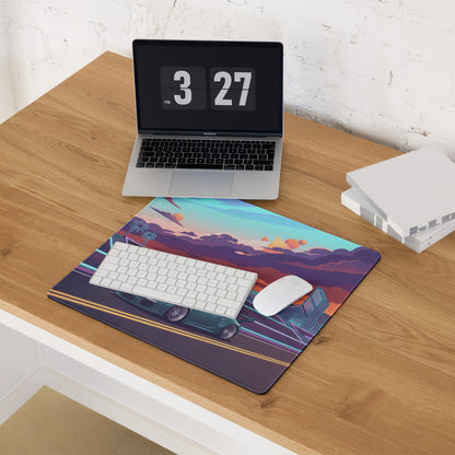 RWB Porsche 911 Inspired Teal Orange Vaporwave Gaming Mouse Pad, Neon Sunset Highway Desk Mat with Retro Futuristic Sports Car Artwork