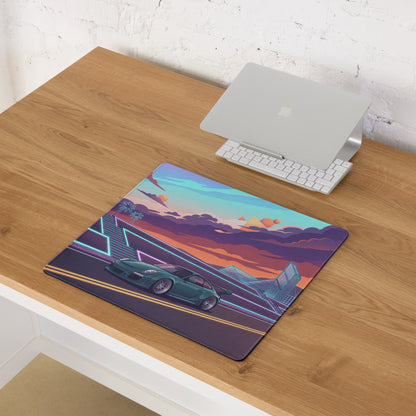 RWB Porsche 911 Inspired Teal Orange Vaporwave Gaming Mouse Pad, Neon Sunset Highway Desk Mat with Retro Futuristic Sports Car Artwork