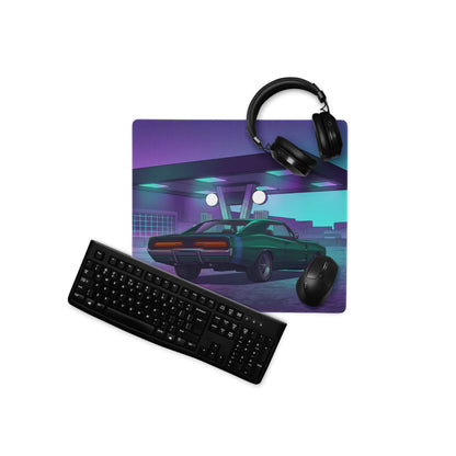 Dodge Challenger Inspired Green Purple Vaporwave Gaming Mouse Pad, Neon Retro Garage Desk Mat with Moody Classic Muscle Car Artwork