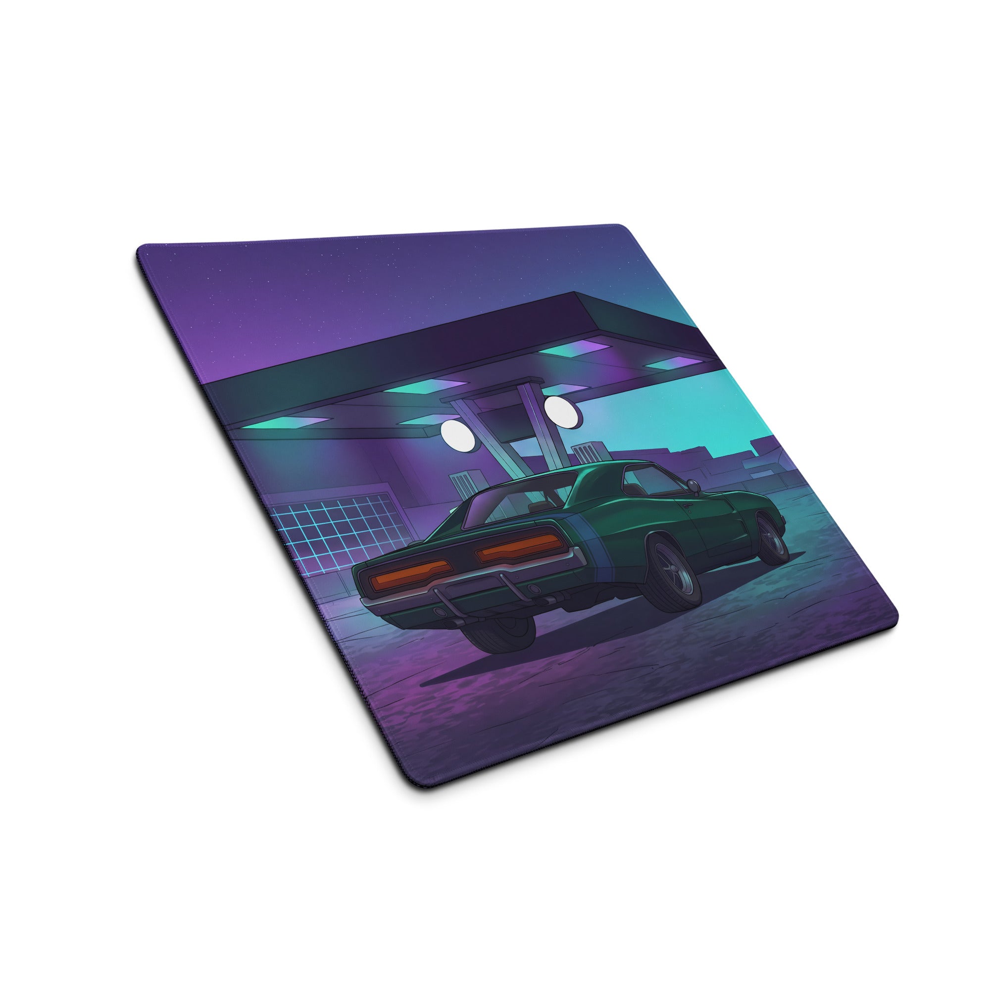Dodge Challenger Inspired Green Purple Vaporwave Gaming Mouse Pad, Neon Retro Garage Desk Mat with Moody Classic Muscle Car Artwork